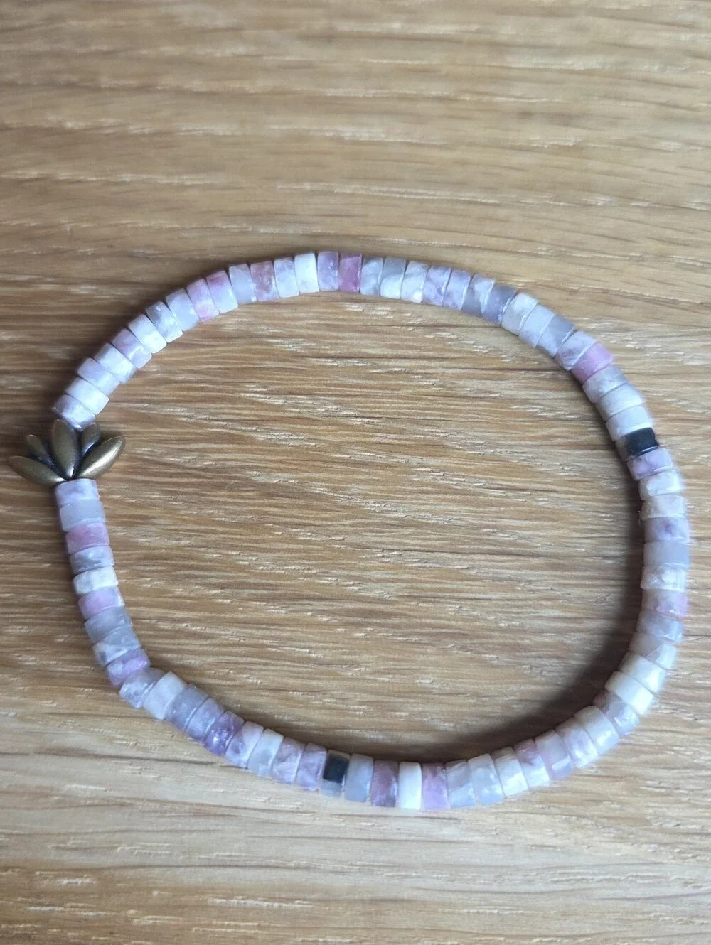 Tourmaline & Lepidolite Beaded Stretch Bracelet with Lotus Accent | Handmade